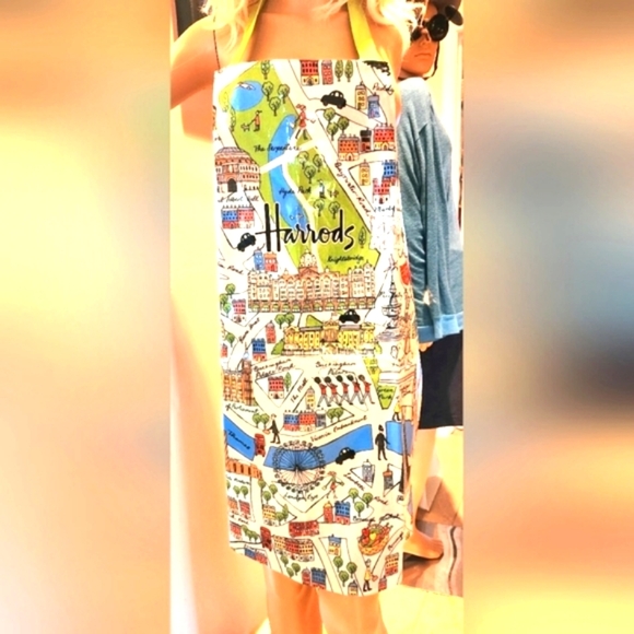 HARRODS Vtg London UK Map Dept Store Oil Cloth Easy Wipe Souvenir Tie Chef Apron - Picture 3 of 16